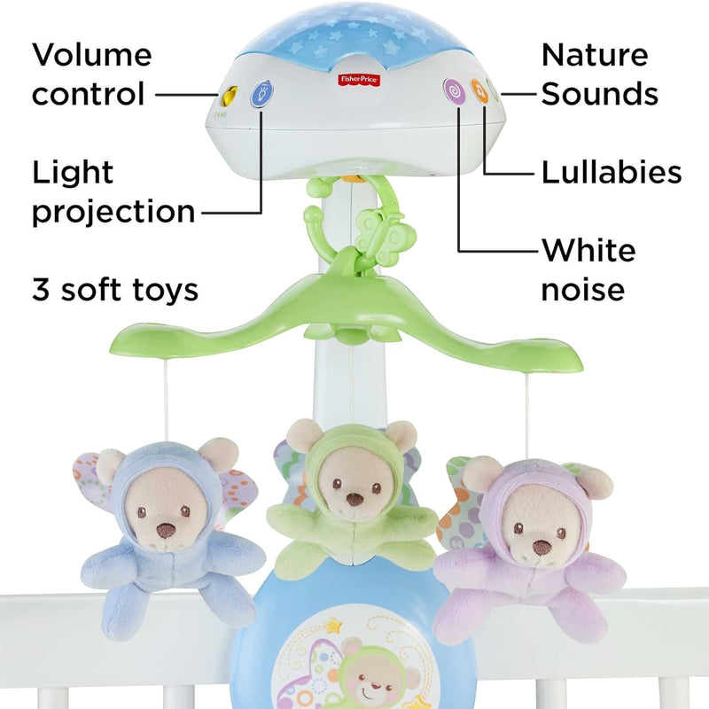 Fisher-Price Butterfly Dreams 3-in-1 Projection Mobile - Soothing Baby Sleep Aid with 3 Audio Modes and Plush Bears, Musical Cot Mobile, Tabletop Projector and Stroller Toy, Newborn Baby Toys, CDN41