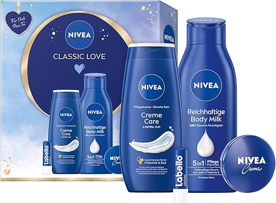 NIVEA Classic Love Gift Set, Care Set with Moisturising Care Products, Gift Box with Shower Nourisher, Labello, Body Milk and NIVEA Cream