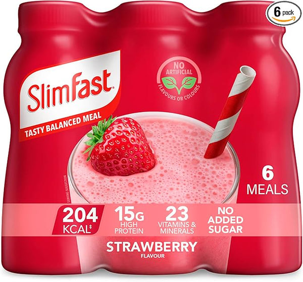 SlimFast Ready To Drink Shake, Meal Replacement Shakes for Weight Loss and Balanced Diet, High Protein, Vitamins, Minerals, No Added Sugar, Strawberry Flavour, 6 x 325 ml, Packaging May Vary