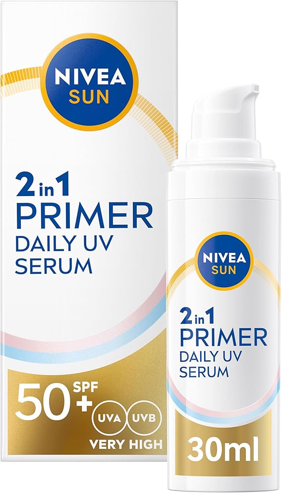 NIVEA SUN UV 2in1 Primer Daily UV Serum SPF50+ (30ml), Frangrance-Free Sunscreen with High SPF, Ideal as Makeup Base, Moisturising Formula with Hyaluron, No White Cast