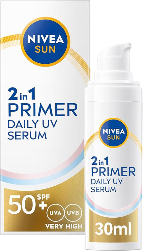NIVEA SUN UV 2in1 Primer Daily UV Serum SPF50+ (30ml), Frangrance-Free Sunscreen with High SPF, Ideal as Makeup Base, Moisturising Formula with Hyaluron, No White Cast