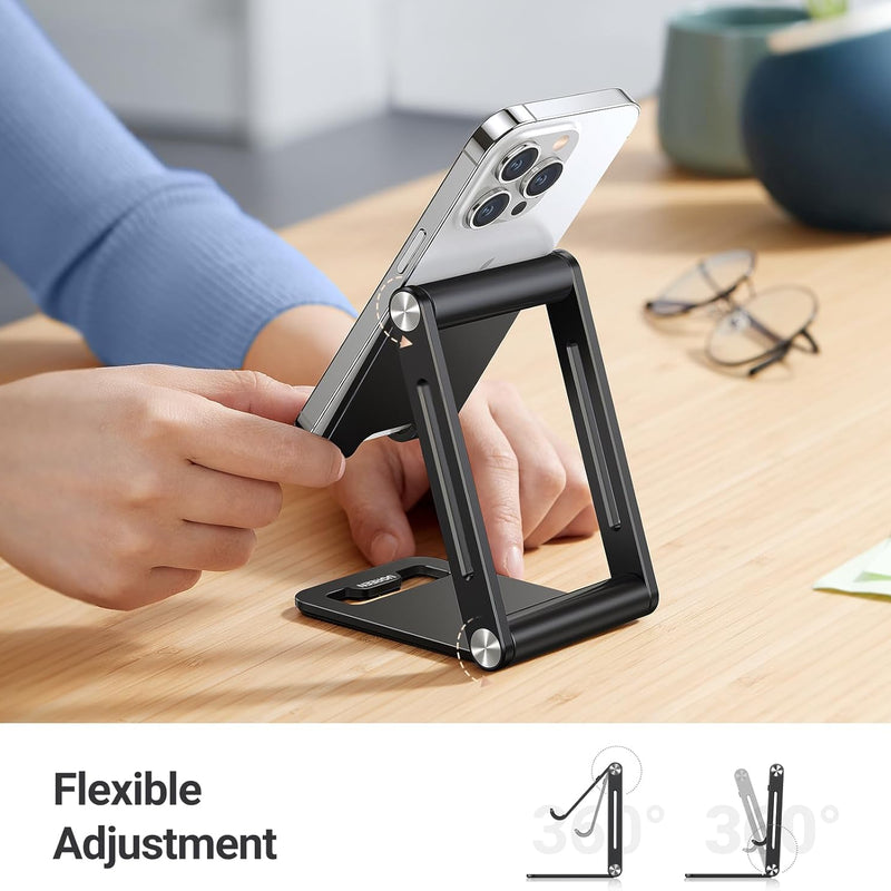 UGREEN Phone Stand Desk Foldable Holder Adjustable Portable Mobile Travel Table Mount Aluminum Compatible for iPhone 16 Pro Max 15 Plus 14 13 12,Galaxy S24 Ultra,Redmi Note 13,Pixel 9,iPad Mini(Black)
