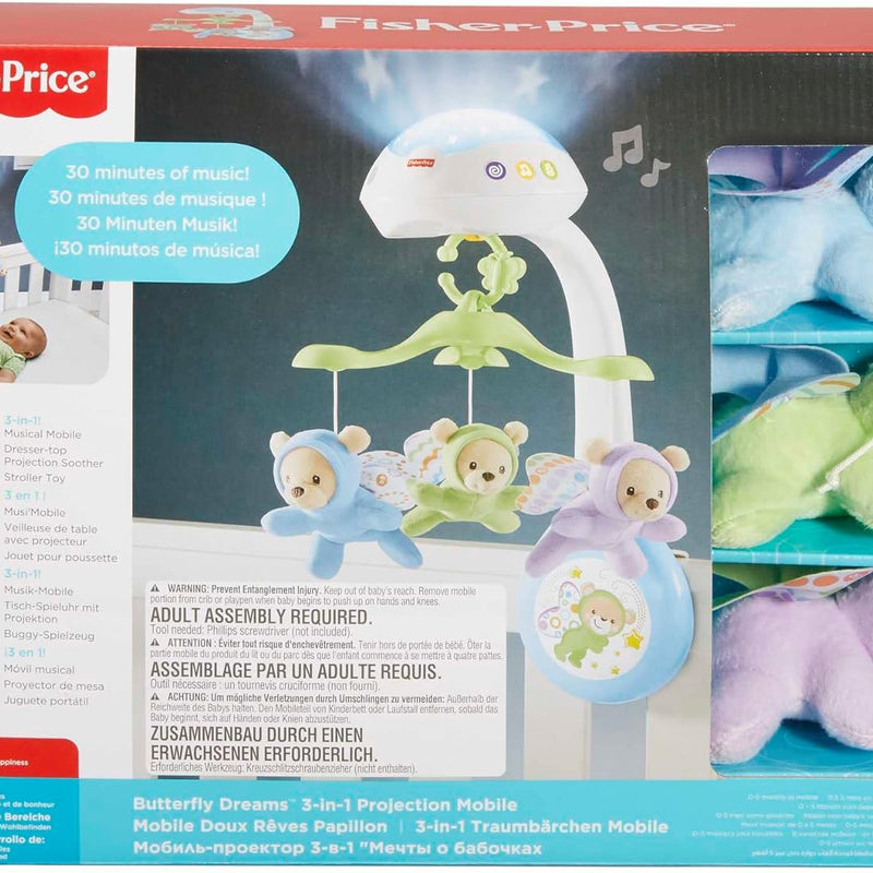 Fisher-Price Butterfly Dreams 3-in-1 Projection Mobile - Soothing Baby Sleep Aid with 3 Audio Modes and Plush Bears, Musical Cot Mobile, Tabletop Projector and Stroller Toy, Newborn Baby Toys, CDN41