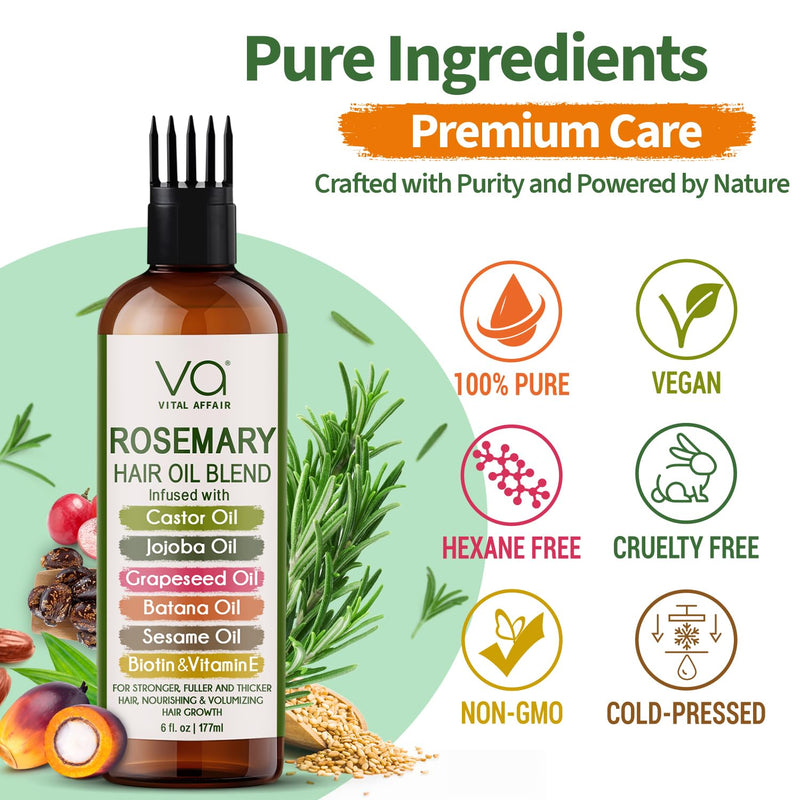 Blend Of Pure Rosemary Oil For Hair Growth With Castor, Batana, Jojoba Oil-Infused With Biotin & Vitamin E-Blend of Effective Hair Oils for Hair Growth-Strengthening Treatment 6 Fl Oz