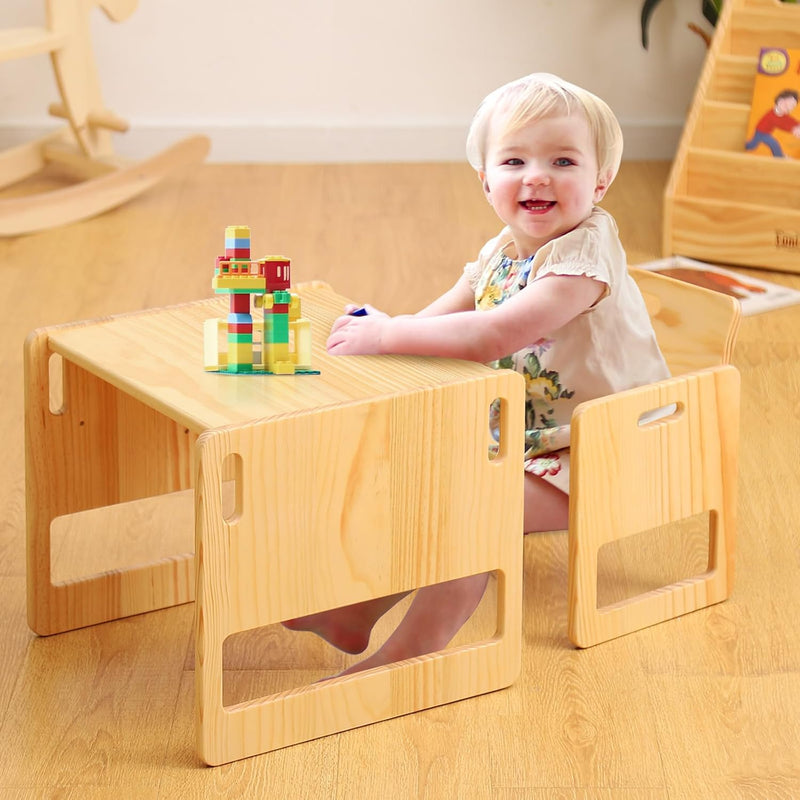 FUNLIO Montessori Weaning Table and Chair Set for Toddlers Age 1-3, Height Adjustable Toddler Table and Chair Set, Cube Kids Table Chair for Reading/Eating/Playing, Easy to Assemble, CE,CPC Certified