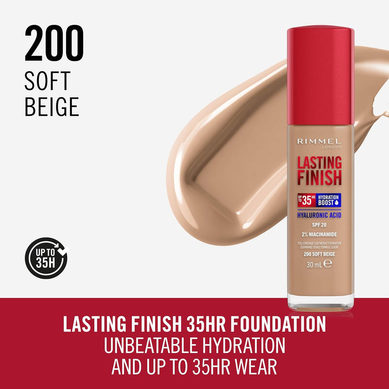 Rimmel Lasting Finish 35Hr Foundation 200 Soft Beige, Full Coverage, Hydrating, SPF20, Hyaluronic Acid, Vitamin E, 2% Niacinamide, All Day Wear, Vegan, Cruelty Free