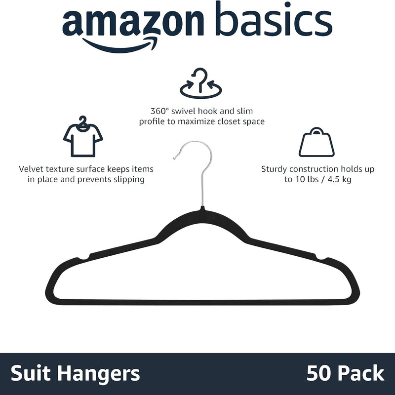 Amazon Basics Slim Velvet Non-Slip Suit Hangers - Pack of 50, Black