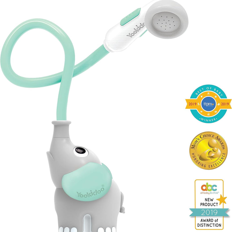 Yookidoo Baby Bath Shower Head - Elephant Water Pump with Trunk Spout Rinser - Control Water Flow from 2 Trunk Knobs in Tub or Sink for Infants and Newborn Babies (Turquiose)