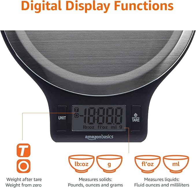 Amazon Basics Digital kitchen scales with LCD display (with batteries), Black and Stainless Steel, BPA free, Weighs up to 11 pounds