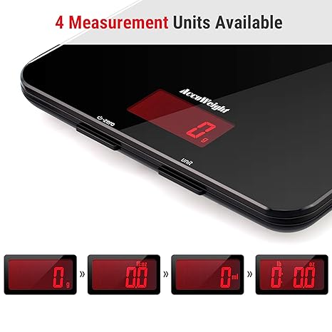 ACCUWEIGHT 201 Digital Kitchen Scales with Tempered Glass Platform (Batteries included), Electronic Weighing Food Scale with Backlit LCD, Multifunction for Office School Home Baking Cooking, 5kg/11lb