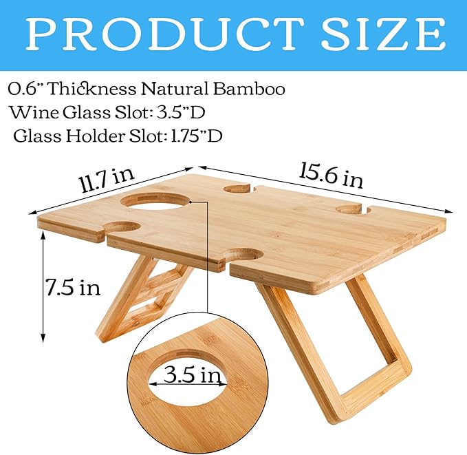 YOUEON Portable Wine Picnic Table with 5 Wine Glasses Holder, Foldable Champagne Snack Tables, Beverage and Cheese Table for Picnic, Camping, Park, Beach, Outdoor Lover Gift