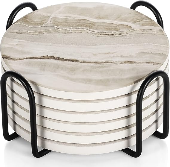 LIFVER Coasters Set of 6 - Marble Ceramic With Holder and Cork Base for Women Men, Various Cups, Tables & Home Decor, 4''