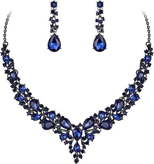 Ever Faith Wedding Bridal Crystal Teardrop Cluster Statement Necklace Dangle Earrings Jewellery Set for Women