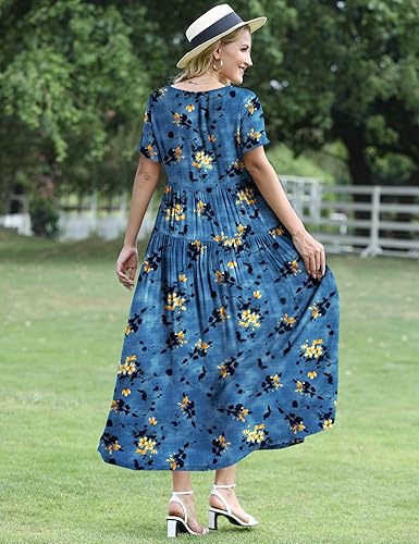YESNO Women Dresses Casual Plus Size Bohemian Short Sleeve Floral Long Maxi Summer Beach Swing Dress/Pockets EJFUK