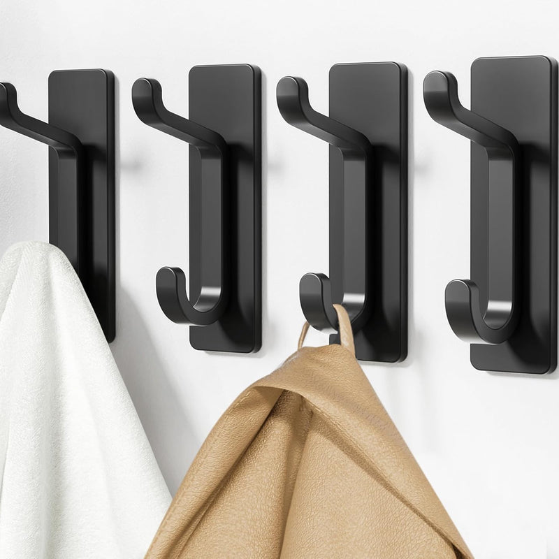 Self Adhesive Hooks, Extra Sticky and Strong, Hanging up to 6KG, Heavy Duty Stick on, No-Nail Hook for Back of Door, Black, 4 Pack