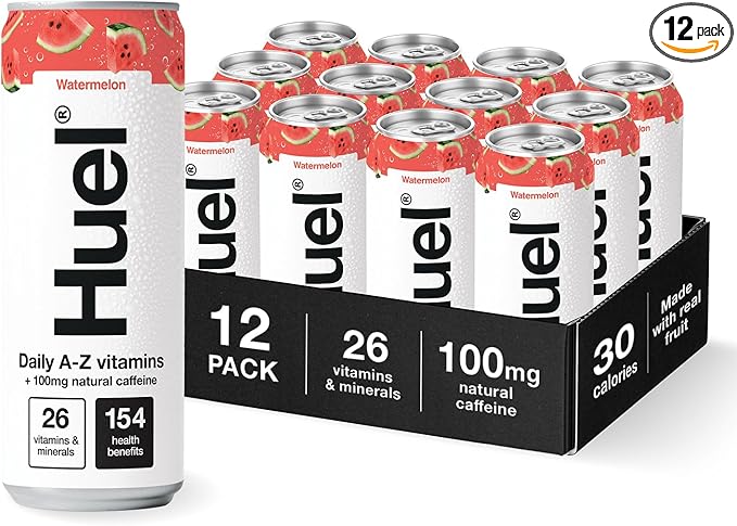 Huel Daily A-Z Vitamins Energy Drink, 12 x 330ml Cans, Watermelon Sparkling Multivitamin Energy Drink, Fizzy Drinks Made with Real Fruit, Rich in Electrolytes, Low Calorie, Caffeine Boost