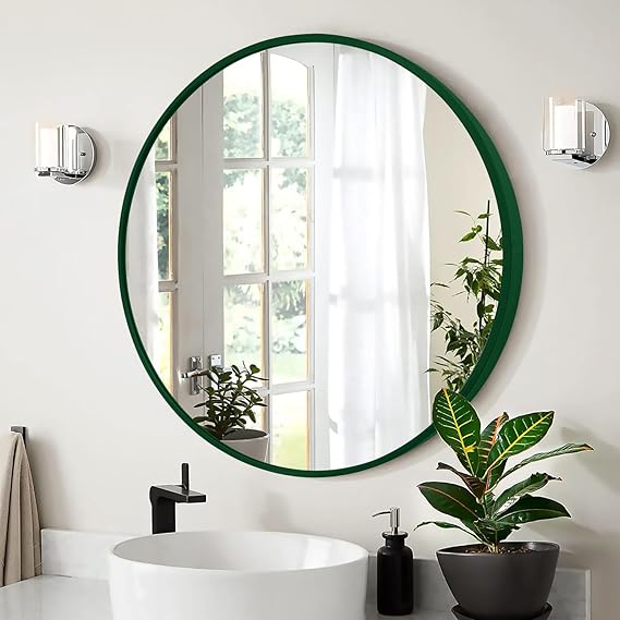 Amazing Tour 50cm Large Modern Round Mirror Green Brushed Frame Wall Metal Framed HD Glass Wall Mirrors for Makeup Bathroom Living Room