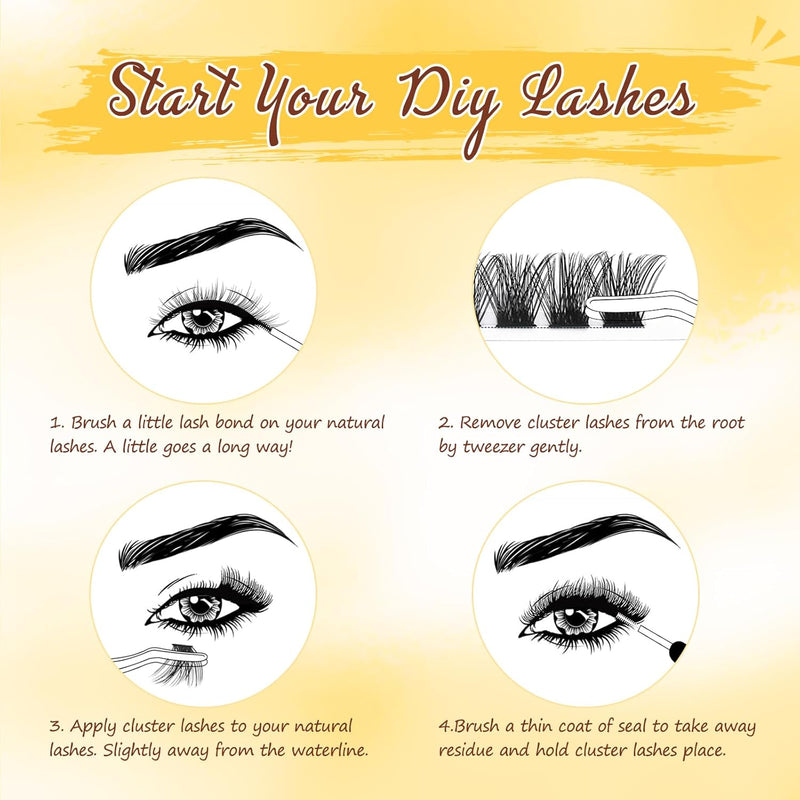 Individual-Lashes 144 Cluster-Lashes QUEWEL DIY Eyelash-Extensions-Kit, Clusters Eyelash Applicator, Cluster Lashes Bond and Seal Super Hold, Clusters Lash Glue Remover Easy to Remove(QU-RR-DH-01)