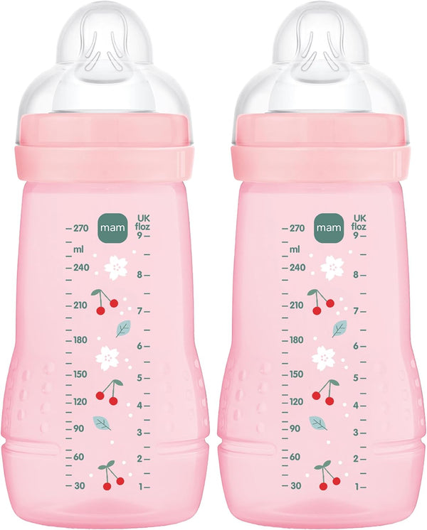 MAM Easy Active Bottles | 2 Pack (2 x 270ml) | Medium Flow MAM Teats Size 2 | Baby Accessories | Pink (Various Designs)