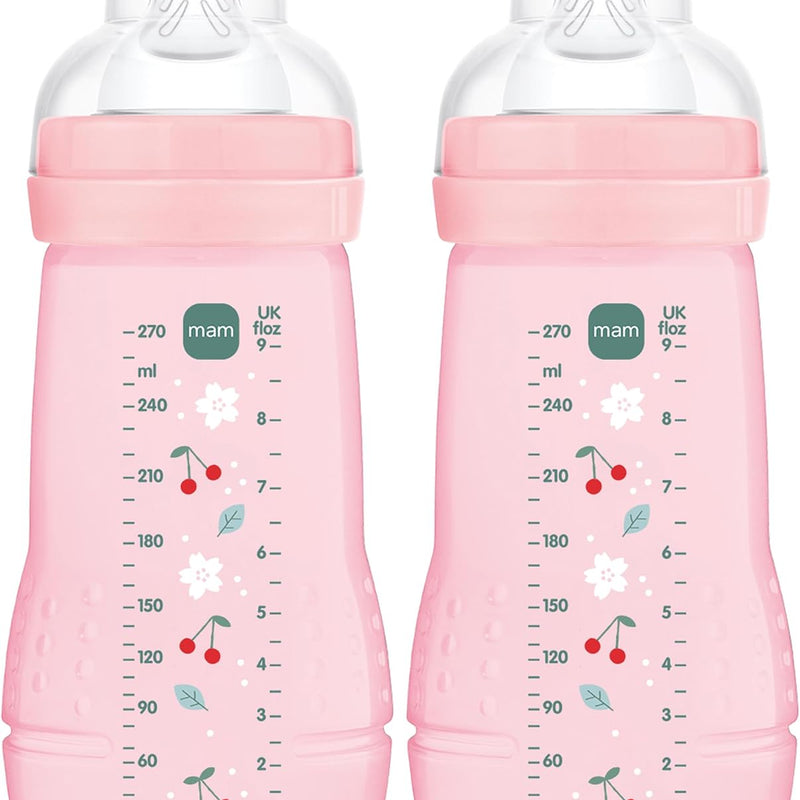 MAM Easy Active Bottles | 2 Pack (2 x 270ml) | Medium Flow MAM Teats Size 2 | Baby Accessories | Pink (Various Designs)