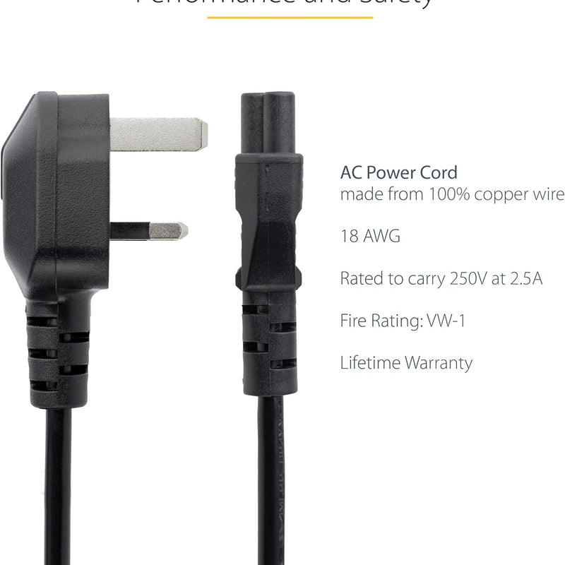 StarTech.com PXTNB3SUK1M 1m Laptop Power Cord - 3 Slot for UK - BS-1363 to C5 Clover Leaf Power Cable Lead, Black