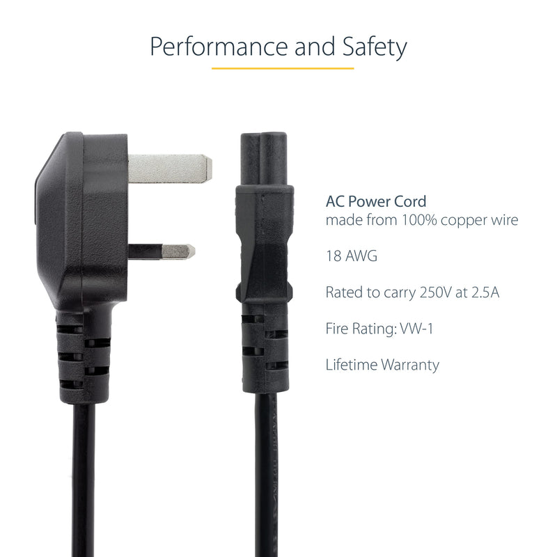 StarTech.com PXTNB3SUK1M 1m Laptop Power Cord - 3 Slot for UK - BS-1363 to C5 Clover Leaf Power Cable Lead, Black