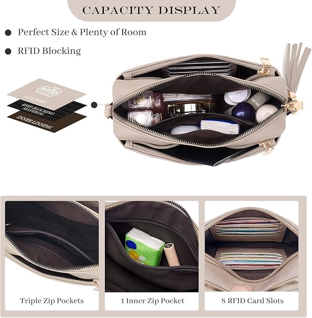 Roulens Small Crossbody Bag with 3 Zip Compartments,Vegan Leather Phone Bag for Women,Shoulder Bag with Adjustable and Removable Wide Strap