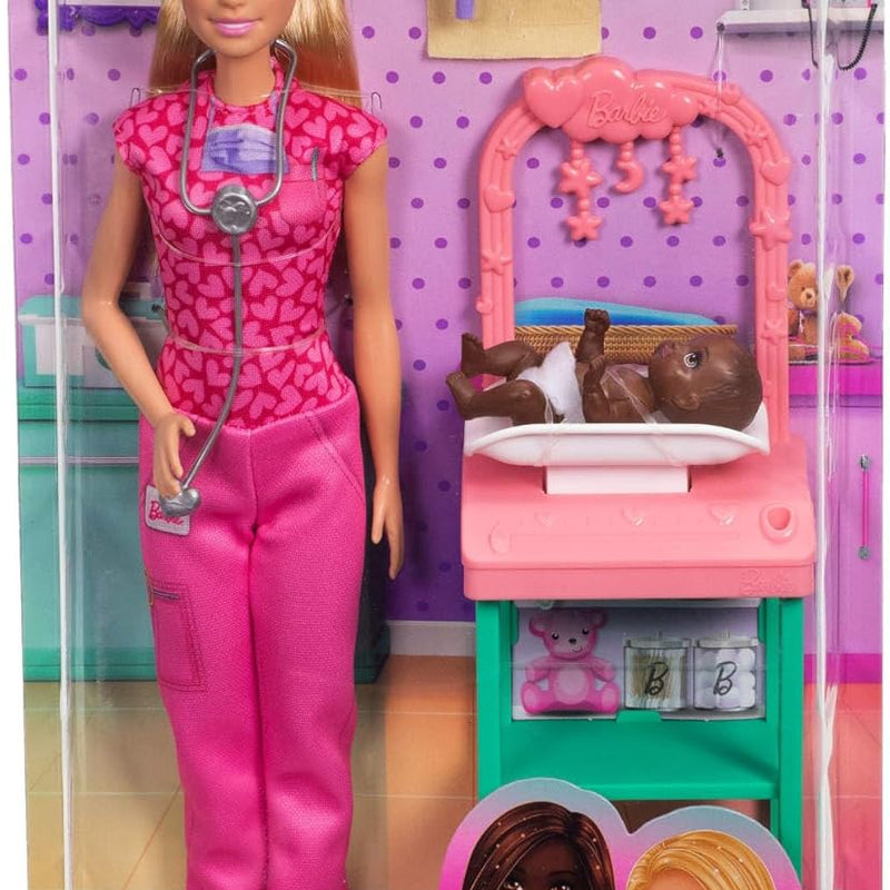 Barbie Baby Doctor Doll with Blonde Fashion Doll Wearing Pink Scrubs, 1 Baby Doll with Baby Accessories & Furniture, JCR72