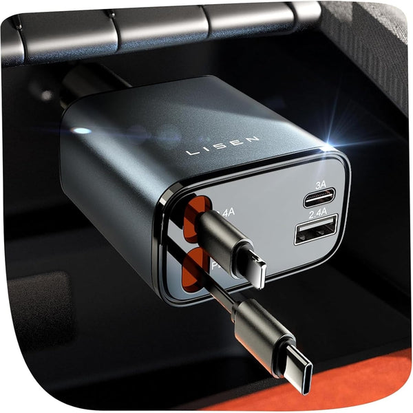 LISEN Retractable Car Charger Adapter 69W Cigarette Lighter USB Charger Travel Camping Essentials Campervan Back to School Supplies Mercedes, Fiat 500, Ford Fiesta Car Accessories Gifts for Men Women