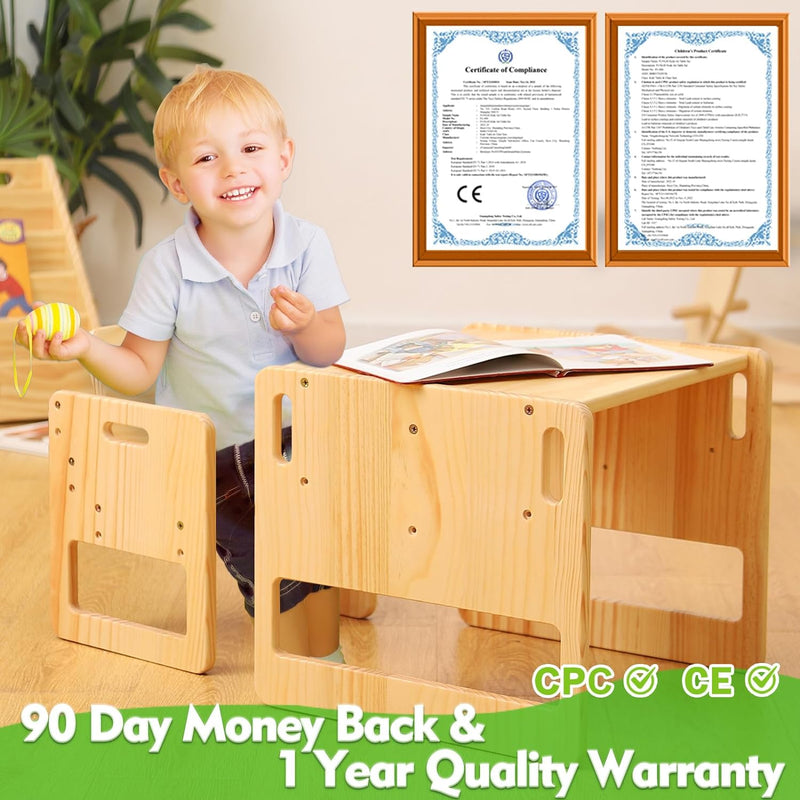 FUNLIO Montessori Weaning Table and Chair Set for Toddlers Age 1-3, Height Adjustable Toddler Table and Chair Set, Cube Kids Table Chair for Reading/Eating/Playing, Easy to Assemble, CE,CPC Certified
