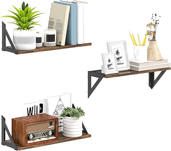 HOMCOM Set of 3 Wall Shelves, 43cm Vintage Wall Mounted Floating Shelves for Living Room, Entryway, Bedroom, Rustic Brown