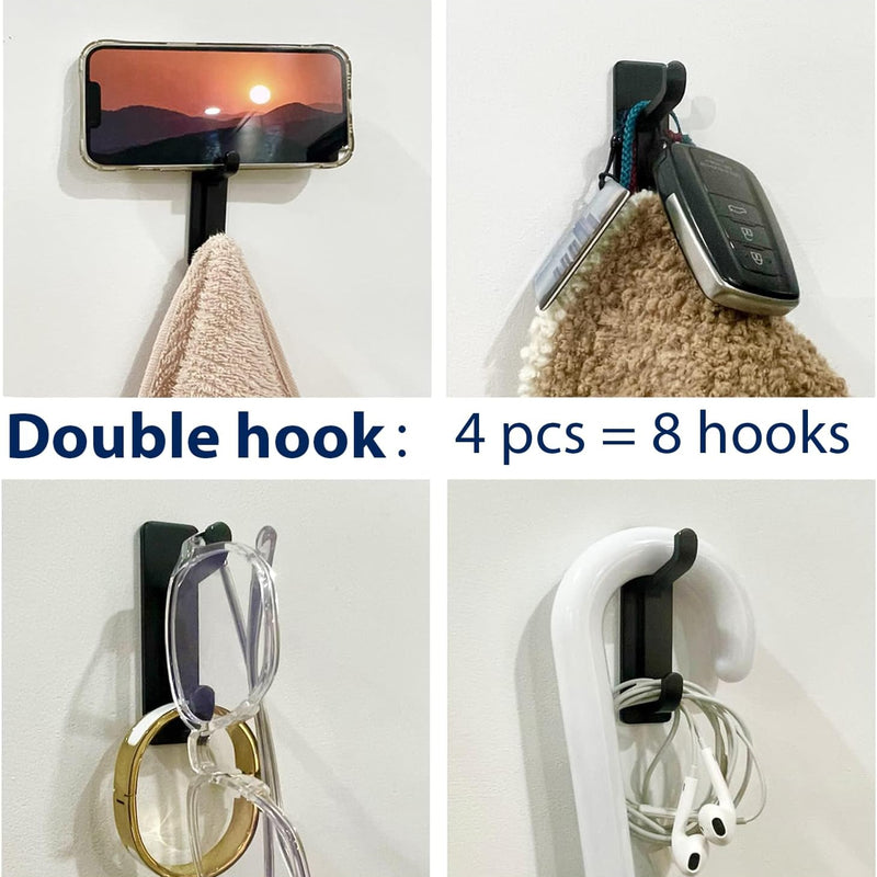 Self Adhesive Hooks, Extra Sticky and Strong, Hanging up to 6KG, Heavy Duty Stick on, No-Nail Hook for Back of Door, Black, 4 Pack
