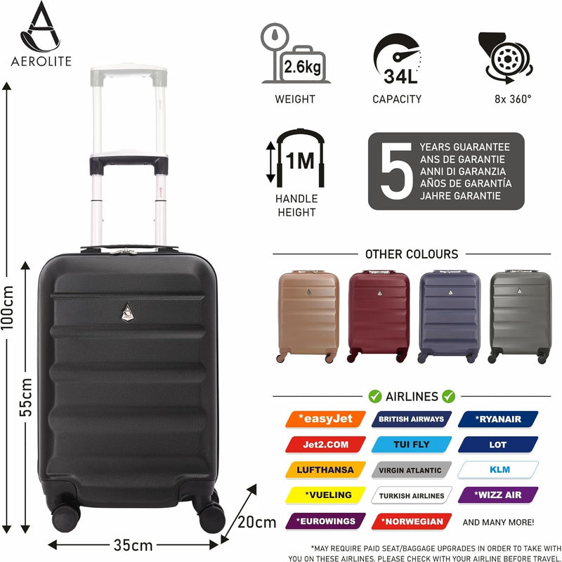 Aerolite Lightweight 55cm Hard Shell 34L Travel Carry On Hand Cabin Luggage Suitcase 4 Wheels, Approved for Ryanair Priority, British Airways, Emirates, Virgin Atlantic & More, 5 Year Warranty (Black)