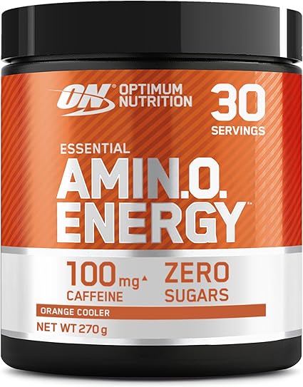 Optimum Nutrition Amino Energy Pre Workout Powder, Energy Drink with Amino Acids, BCAA and L-Glutamine, Food Supplement with Vitamin C and Caffeine, Orange Cooler Flavour, 30 Servings, 270 g