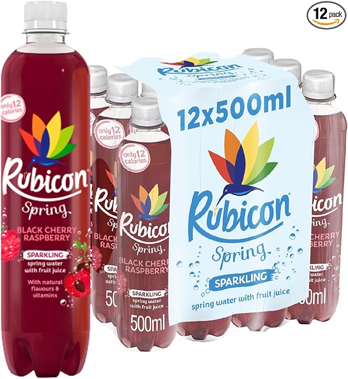 Rubicon Spring 12 Pack Black Cherry Raspberry, Sparkling Spring Water with Real Fruit Juice & Natural Flavours, Only 13 Calories - 12 x 500ml Multipack Bottles