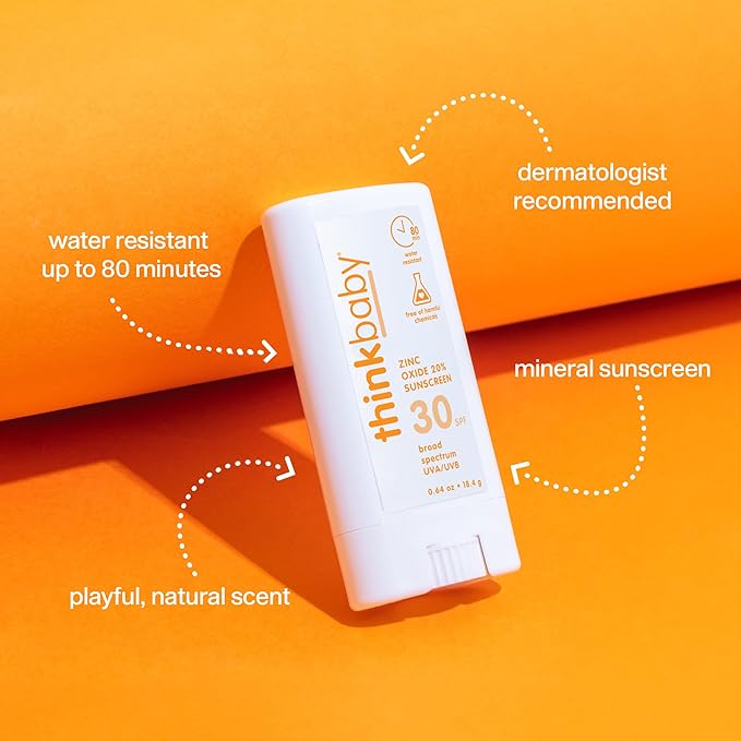 Thinkbaby SPF 30 Sunscreen Stick – Safe, Natural, Water Resistant Sun Cream for Babies, Kids & Adults – Vegan, Mineral UVA/UVB Sun Protection – Reef Friendly Travel Stick, 0.64oz