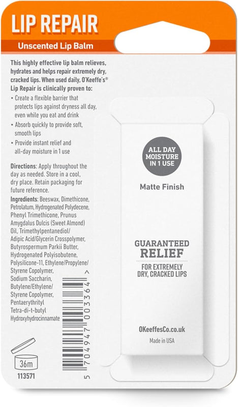 O'Keeffe's Lip Repair Unscented Lip Balm, 4.2g – For Extremely Dry, Cracked Lips | All-Day Moisture with 7 Moisturising Ingredients