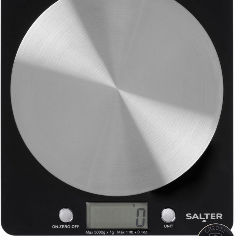 Salter Digital Kitchen Weighing Scales – Stylish Slim Design Electronic Cooking Scale for Home + Kitchen, Weigh Food 5000g + Liquids in ml and fl. Oz. – Black