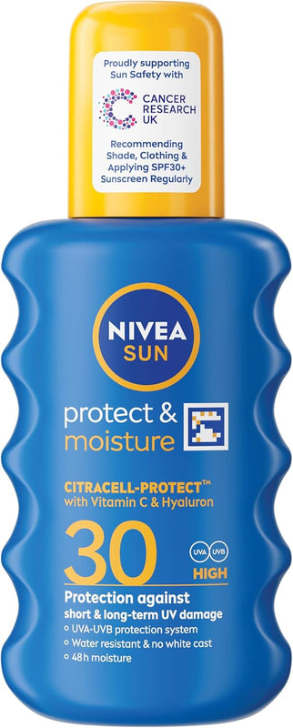 NIVEA SUN Protect & Moisture Sun Spray SPF 30 (200 ml), Moisturising Suncream Spray with SPF 30, Advanced Sunscreen Providing Immediate UVA + UVB Protection, Fast-Absorbing No White Cast Formula