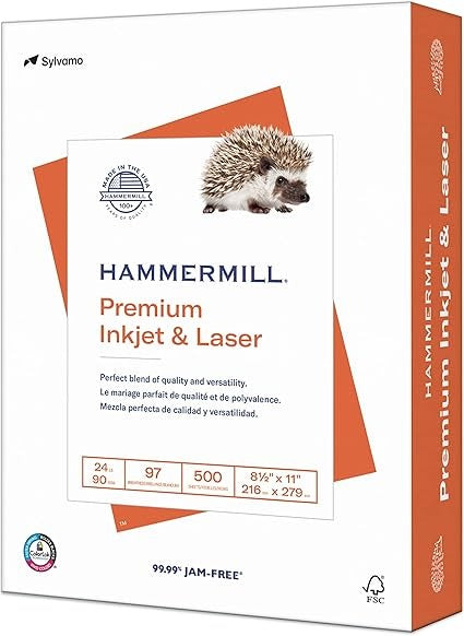 Hammermill Printer Paper, Premium Inkjet & Laser Paper 24 Lb, 8.5 x 11-1 Ream (500 Sheets) - 97 Bright, Made in The USA, 166140R