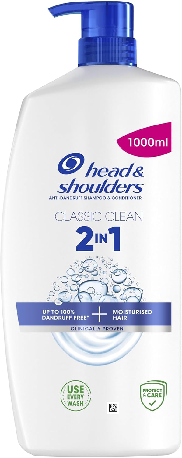 Head & Shoulders Classic Clean 2in1 Anti Dandruff Shampoo, 1000ml. Up to 100% Flake Free, Clinically Proven. For Any Hair and Scalp Type. For Daily use. Clean Feeling