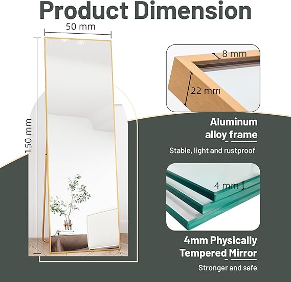 Beauty4U Full Length Mirror 150x50cm Free Standing, Hanging or Leaning, Large Floor Mirror with Gold Aluminum Alloy Frame for Living Room or Bedroom
