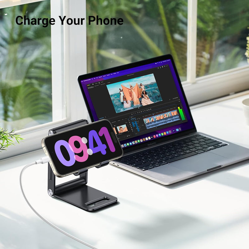 UGREEN Phone Stand Desk Foldable Holder Adjustable Portable Mobile Travel Table Mount Aluminum Compatible for iPhone 16 Pro Max 15 Plus 14 13 12,Galaxy S24 Ultra,Redmi Note 13,Pixel 9,iPad Mini(Black)