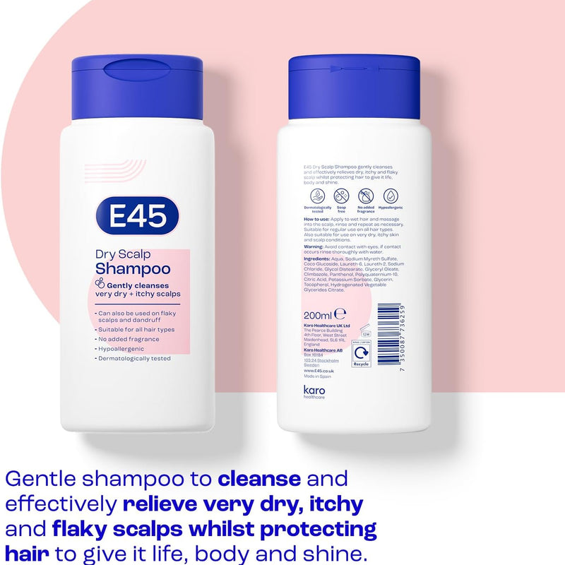 E45 Dry Scalp Shampoo for Very Dry, Itchy and Flaky Scalp - Anti Dandruff Shampoo with hydrating Vitamin B5 – Free from fragrance, soap and perfume 200ml