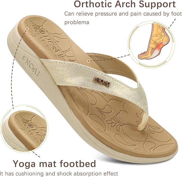 ONCAI Flip Flops for Women, Comfortable Leather Strap Orthotic Arch Support Summer Beach Flip Flops with Soft Cushion Yoga Foam Rubber Soles UK Size 3-10