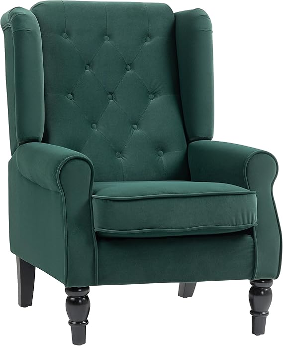 HOMCOM Retro Accent Chair, Velvet Wingback Armchair with Wood Frame Button Tufted Design for Living Room Bedroom, Green