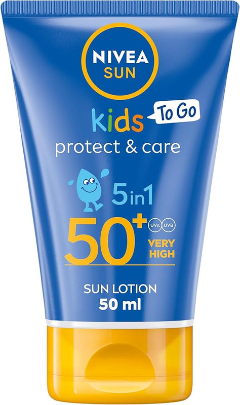 NIVEA Sun Kids Protect & Care To Go SPF 50+ Lotion (50ml), Moisturising Kids Sun Cream Immediately Protects Delicate Skin Against Sunburn and Long-Term UV Damage, Fast-Absorbing No White Cast Formula