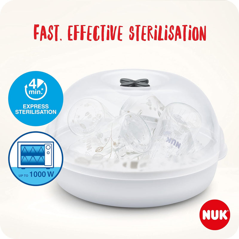 NUK Micro Express Plus Microwave Bottle Steriliser | Sterilises up to 4 Baby Bottles & Accessories in 4 Minutes | Fits Most Microwaves | Tongs for Hygienic Removal