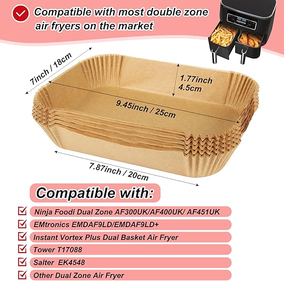 BYKITCHEN 100pcs Air Fryer Liners for Ninja Dual, Air Fryer AF300UK AF400UK Accessories, Disposable Airfryer Parchment Paper Liners, Compatible with Ninja, Breville, Tower & Other Dual Zone Fryers
