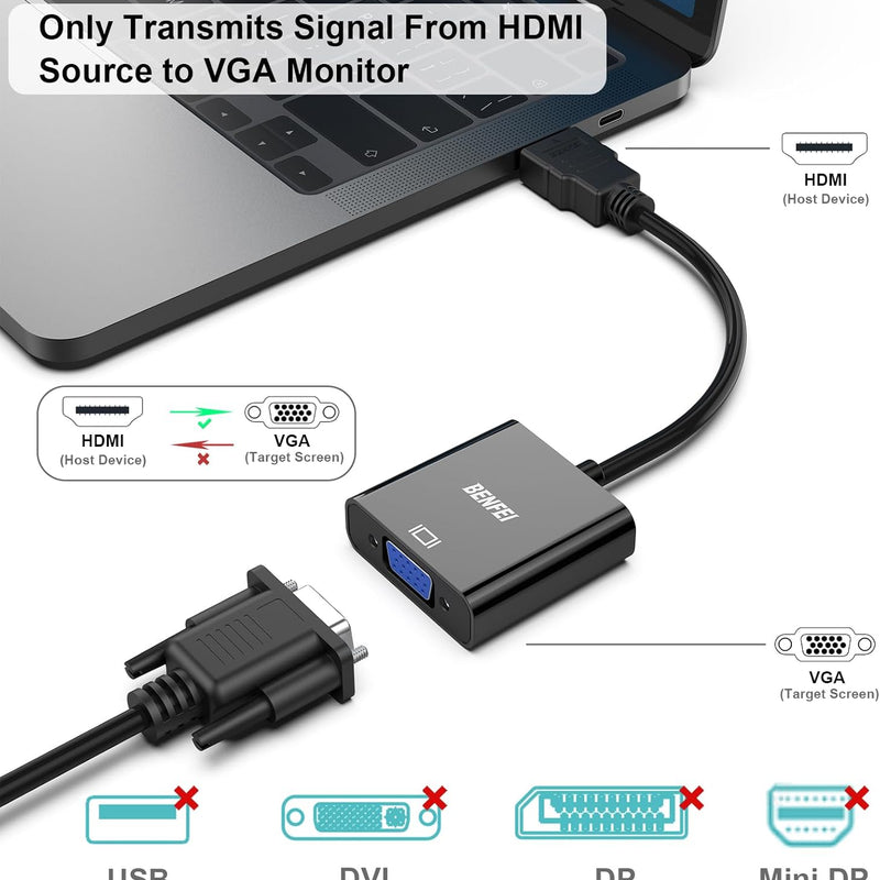 BENFEI - HDMI to VGA Cable, Gold Plated, Set of 5, Male to Female for Computer, Laptop, PC, Monitor, Projector, HDTV, Chromebook, Raspberry Pi, Roku, Xbox and More, Black
